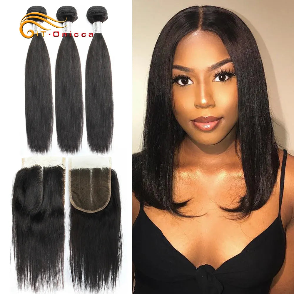 70g/pc Blonde Bundles With Closure 1B 30 Brazilian Straight Hair