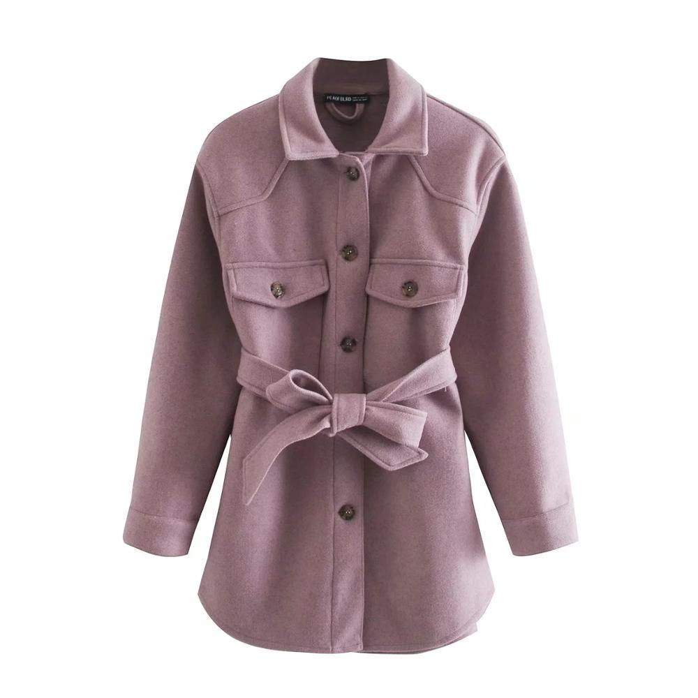 With Belt Loose Woolen Jacket Coat Vintage Long Sleeve Side Pockets