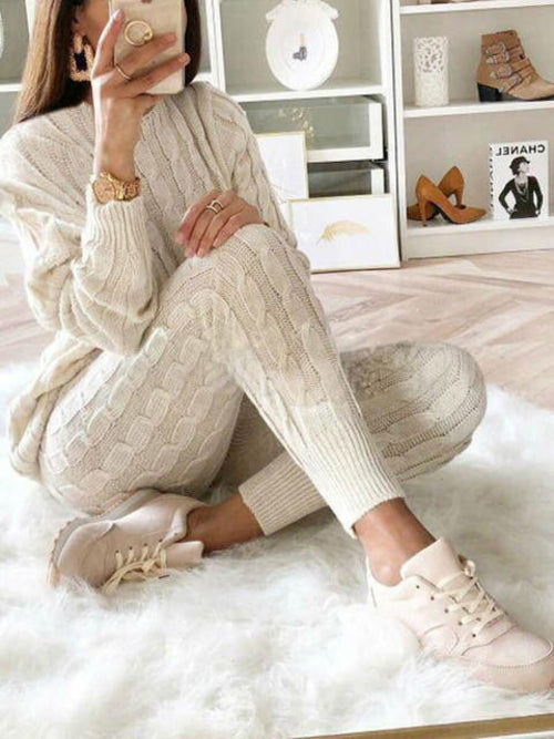 Lw Plus Size Dropped Shoulder Knit Pants Set Women's Long Sleeve