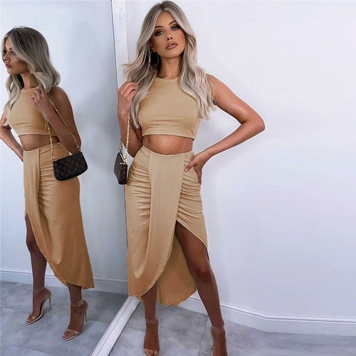 Summer Two Piece Set Women Sleeveless Crop Top Draped Split Long