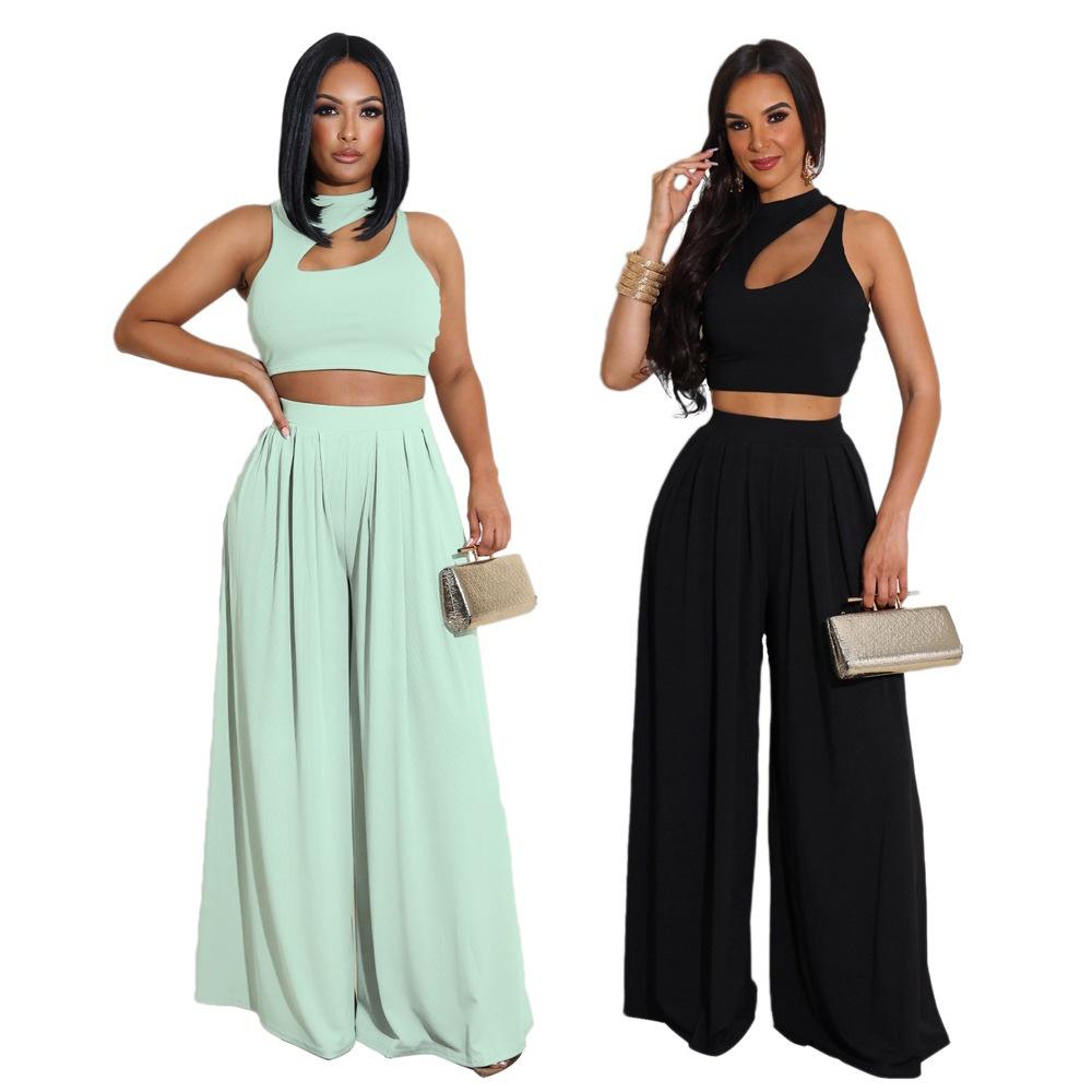 Solid Tank Top and Wide-leg Long Pants Two-piece