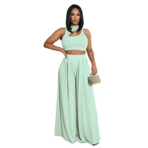 Solid Tank Top and Wide-leg Long Pants Two-piece