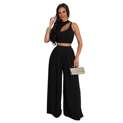 Solid Tank Top and Wide-leg Long Pants Two-piece