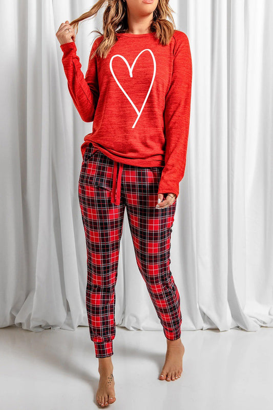 Red Heart Print Plaid Lounge Set