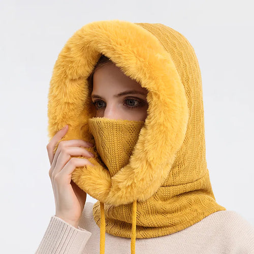 Winter Fur Cap Mask Set Hooded for Women Knitted Cashmere Neck Warm