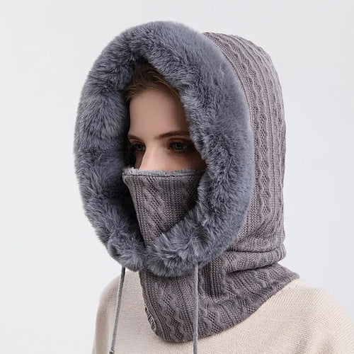 Winter Fur Cap Mask Set Hooded for Women Knitted Cashmere Neck Warm