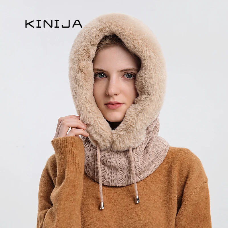 Winter Fur Cap Mask Set Hooded for Women Knitted Cashmere Neck Warm