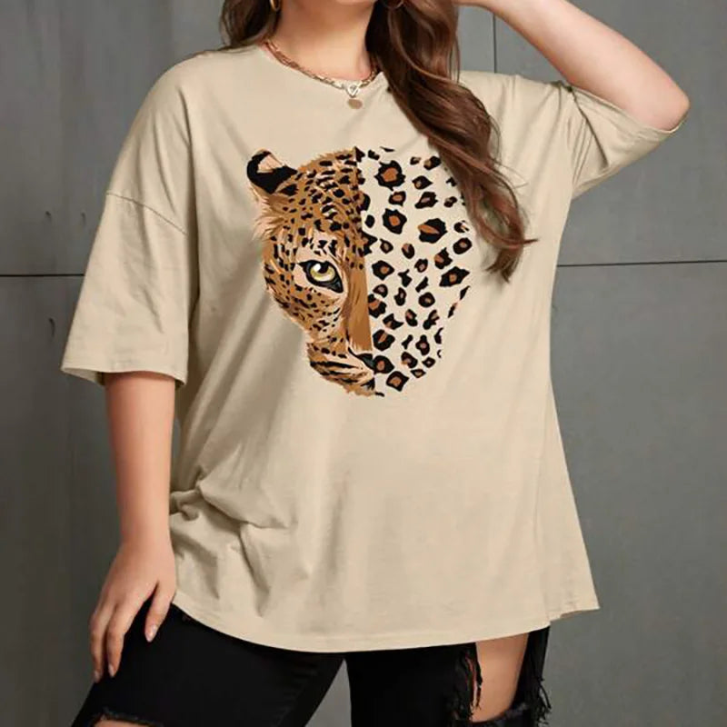 Leopard Printed T-Shirts Short Sleeve Women O-Neck Graphic Tops Tees