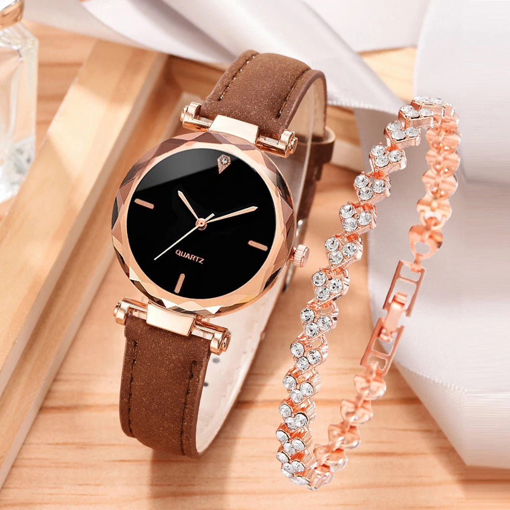 2pcs Luxury Fashion Women Watch Set PU Leather Strap Ladies Quartz