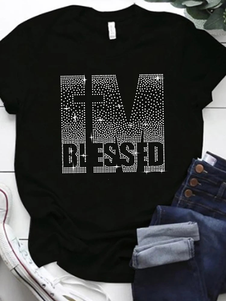 Plus Size T-shirt, Rhinestone Letter Decor Short Sleeve T-shirt,