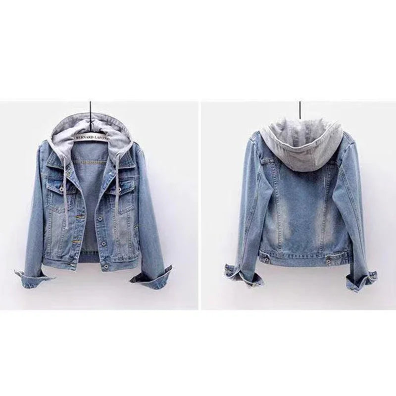 Denim Jacket Woman Hooded Short Style Clothing Retro Topcoat Pocket