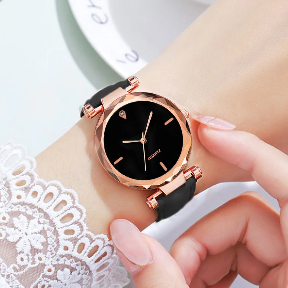 2pcs Luxury Fashion Women Watch Set PU Leather Strap Ladies Quartz