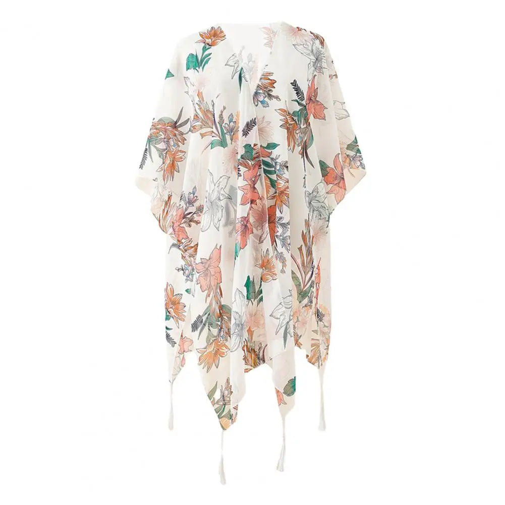 Irregular Beach Shawl Flower Printed Tassel Beach Poncho Swimsuit