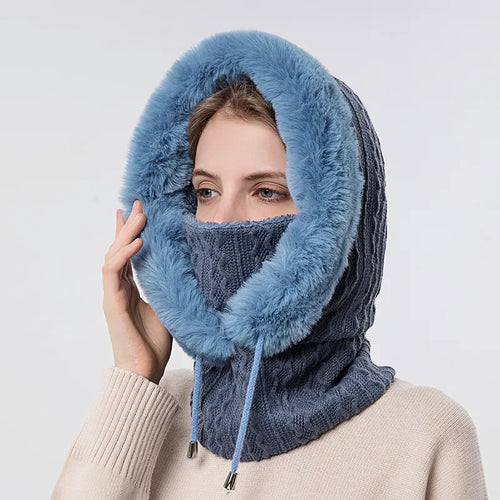 Winter Fur Cap Mask Set Hooded for Women Knitted Cashmere Neck Warm