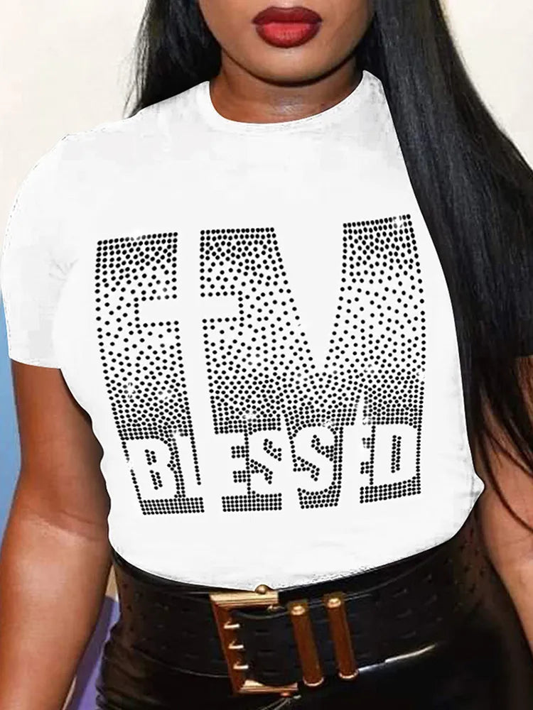 Plus Size T-shirt, Rhinestone Letter Decor Short Sleeve T-shirt,