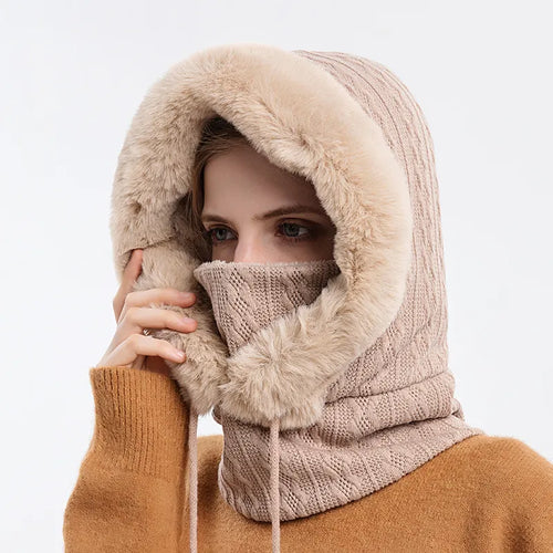 Winter Fur Cap Mask Set Hooded for Women Knitted Cashmere Neck Warm