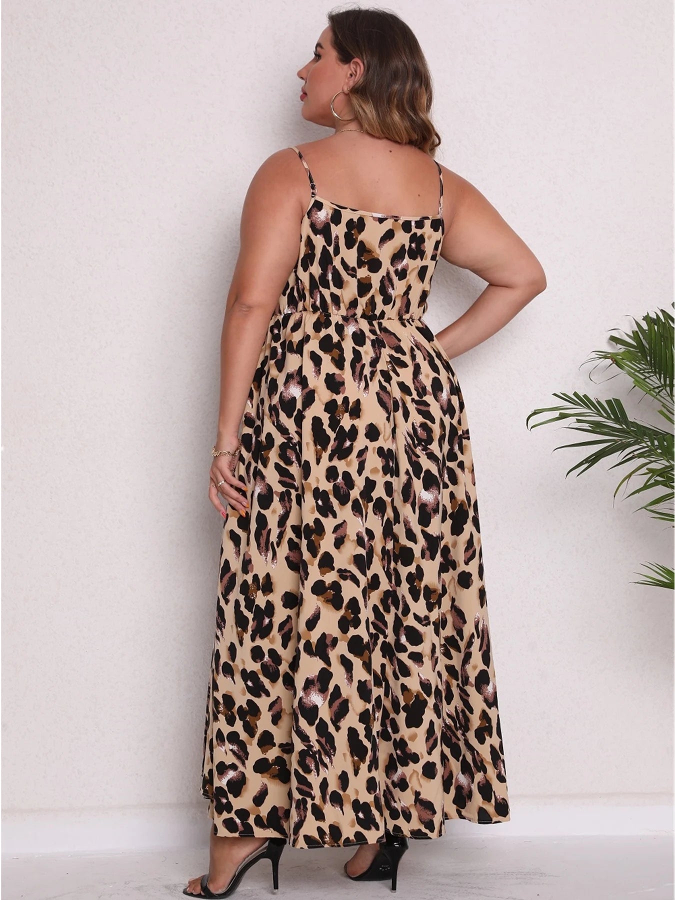 Plus Size Sexy Spaghetti Strap Leopard Print Irregular Hem Cami Maxi