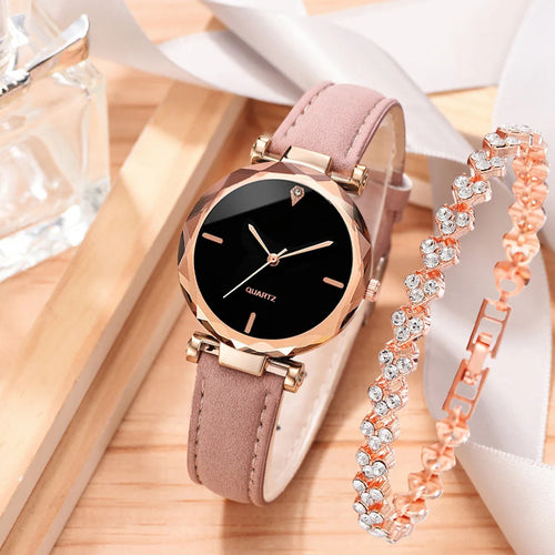 2pcs Luxury Fashion Women Watch Set PU Leather Strap Ladies Quartz