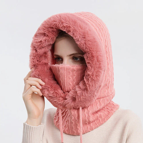 Winter Fur Cap Mask Set Hooded for Women Knitted Cashmere Neck Warm