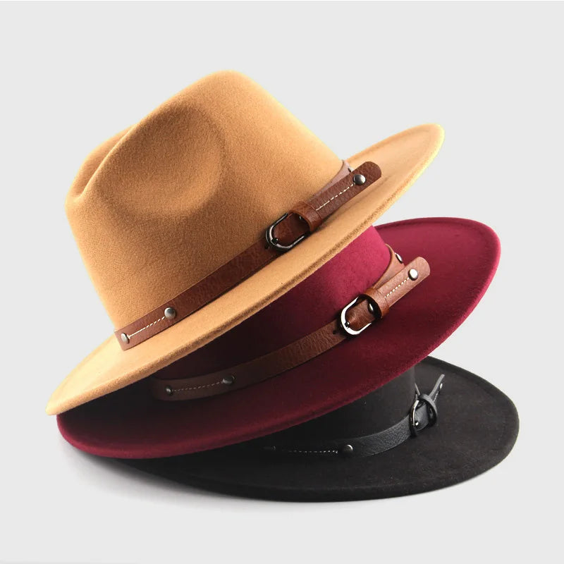 New Autumn Winter Wool Fedoras Hat With Belt For Men Women Wide Flat