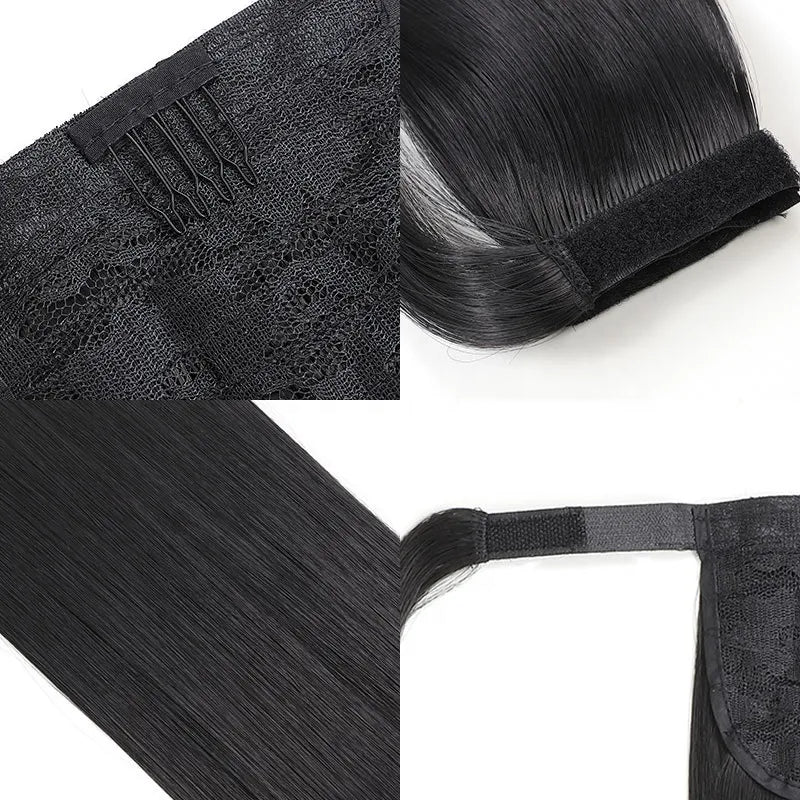 Ponytail Human Hair Wrap Around Long Straight Remy Hair Extensions