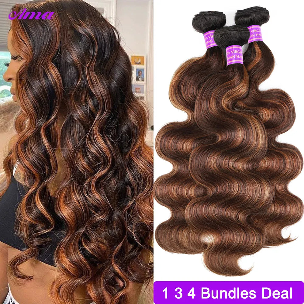 FB 30 Brown Highlight Body Wave Bundles Ombre Colored Human Hair