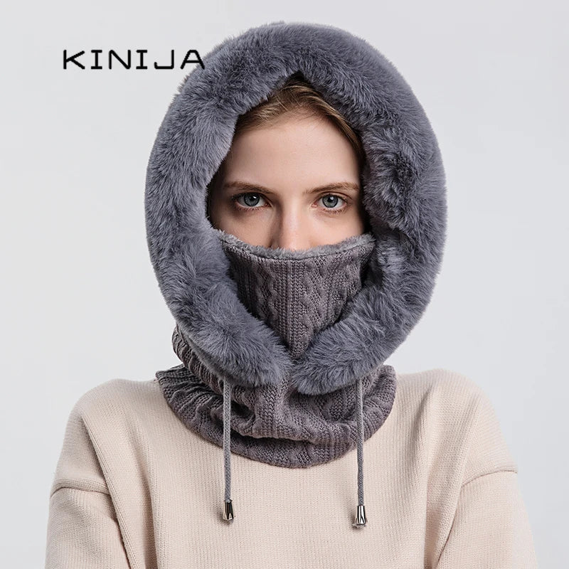 Winter Fur Cap Mask Set Hooded for Women Knitted Cashmere Neck Warm