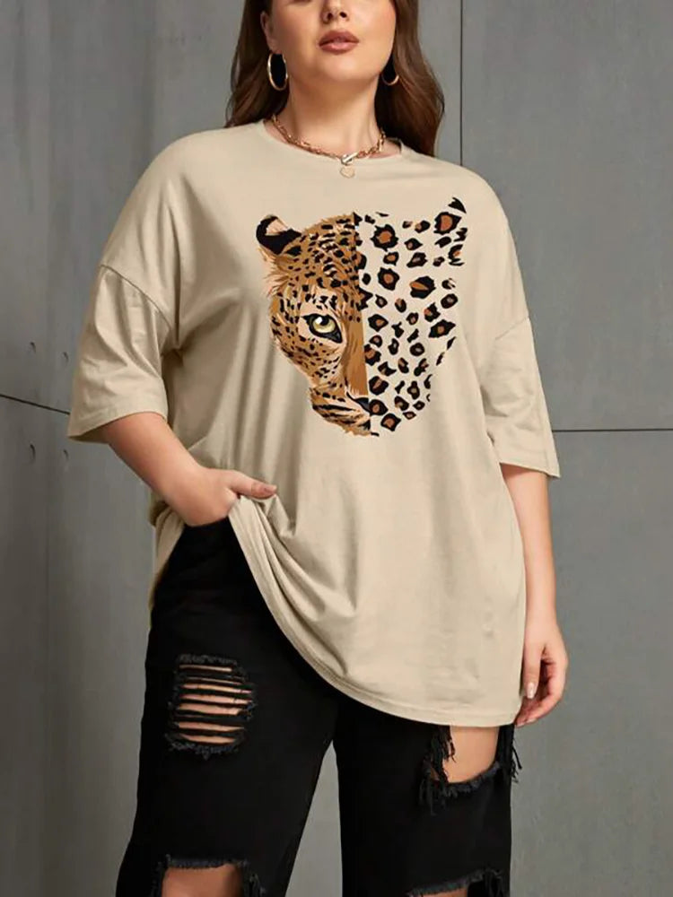 Leopard Printed T-Shirts Short Sleeve Women O-Neck Graphic Tops Tees