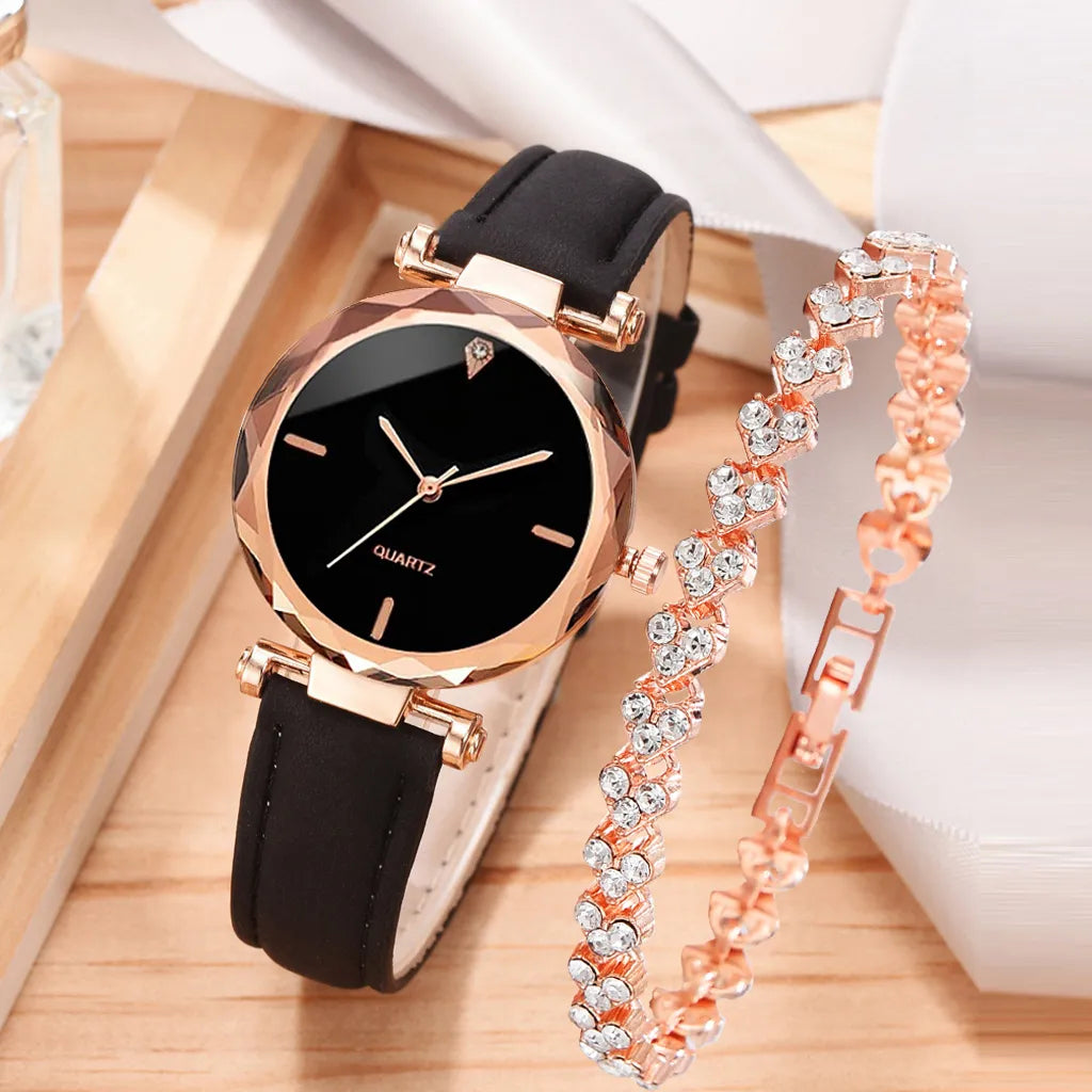 2pcs Luxury Fashion Women Watch Set PU Leather Strap Ladies Quartz