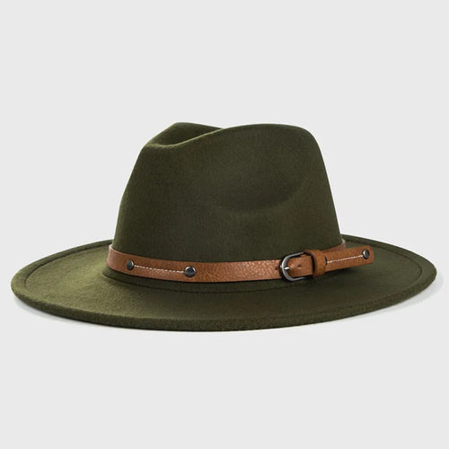 New Autumn Winter Wool Fedoras Hat With Belt For Men Women Wide Flat