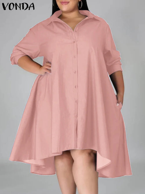 Plus Size 5XL VONDA Women Vintage Shirt Dress 2023 Autumn Denim Long