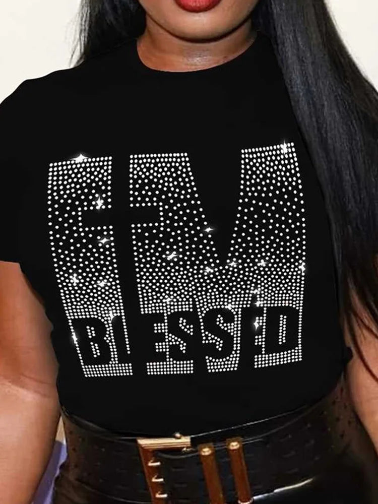 Plus Size T-shirt, Rhinestone Letter Decor Short Sleeve T-shirt,