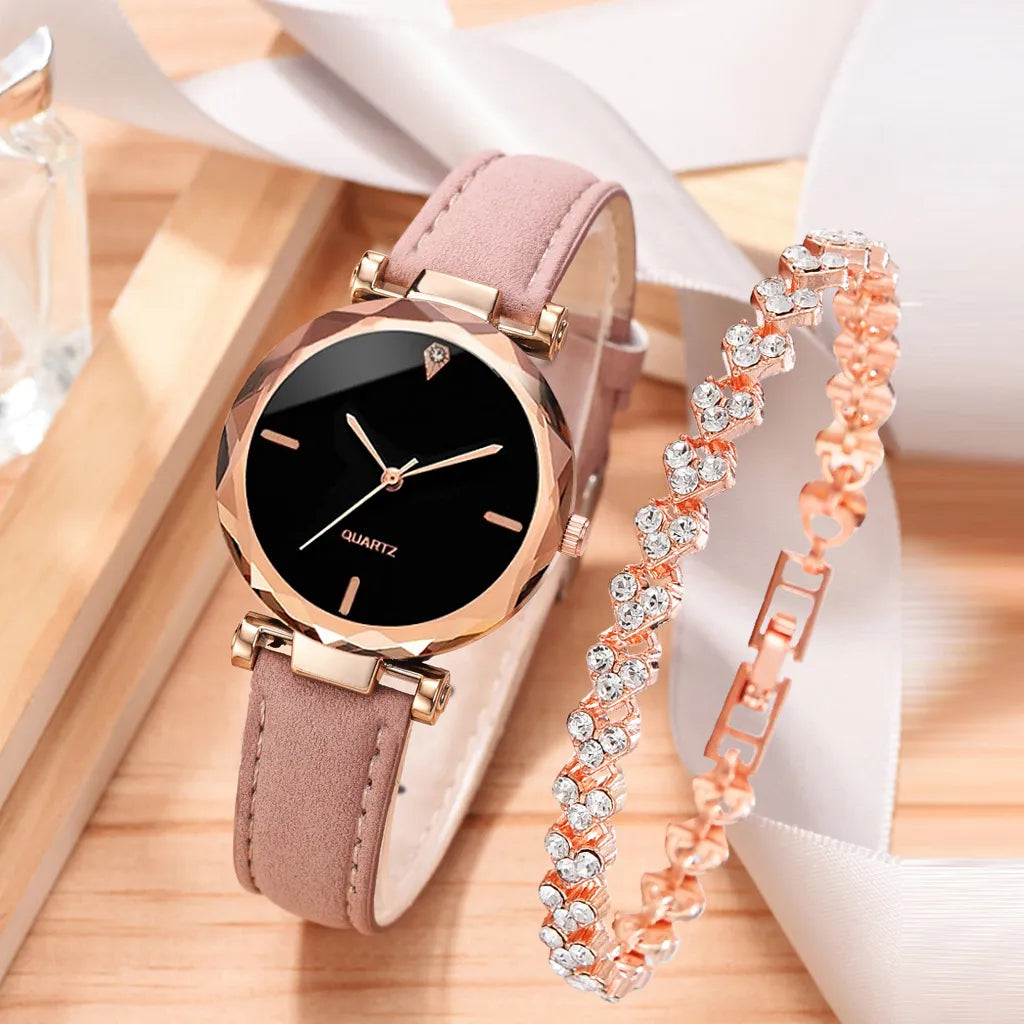 2pcs Luxury Fashion Women Watch Set PU Leather Strap Ladies Quartz