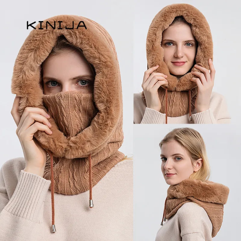 Winter Fur Cap Mask Set Hooded for Women Knitted Cashmere Neck Warm