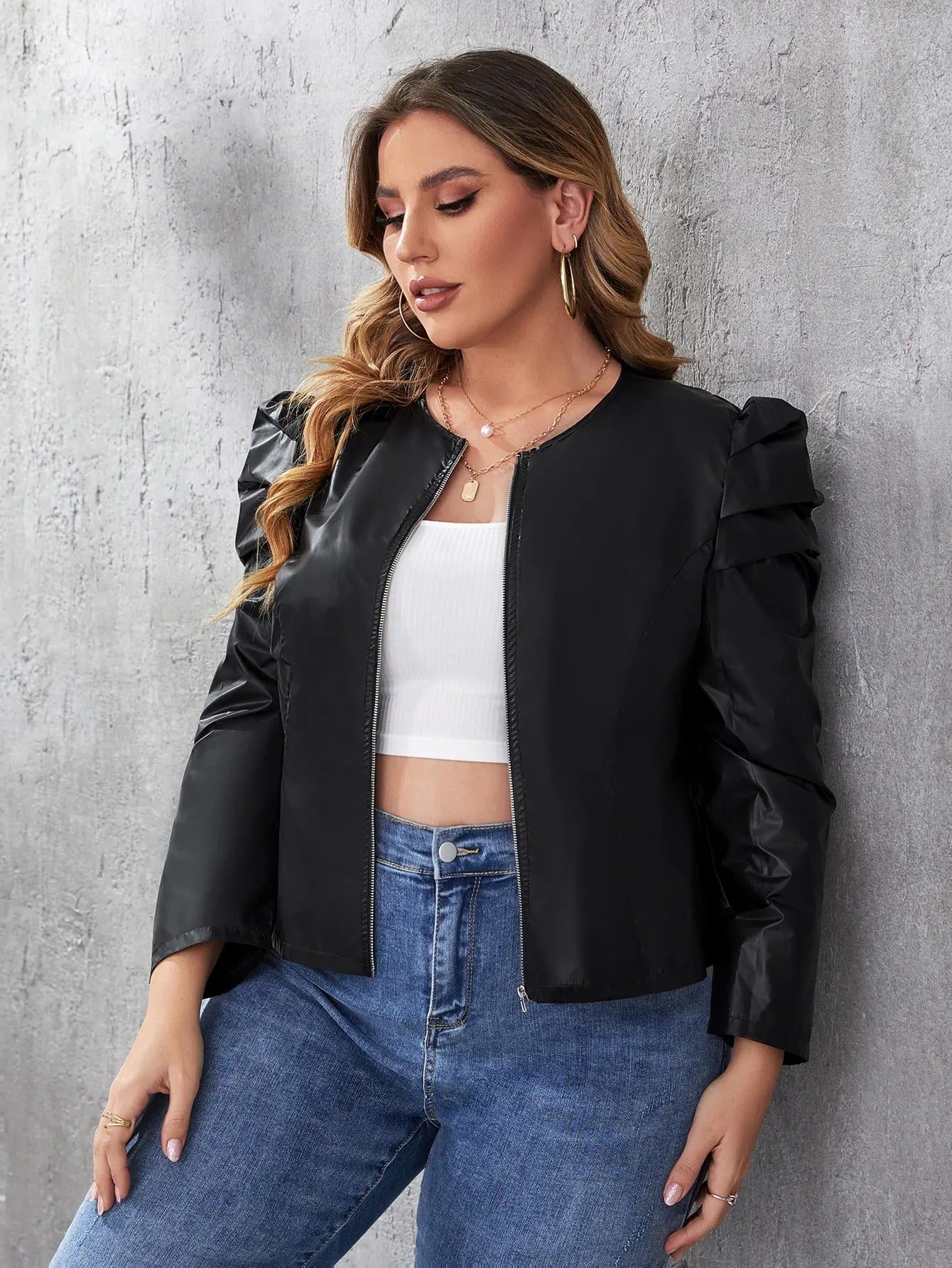 Finjani Plus Size Gigot Sleeve PU Jacket Women's Spring And Autumn Zip