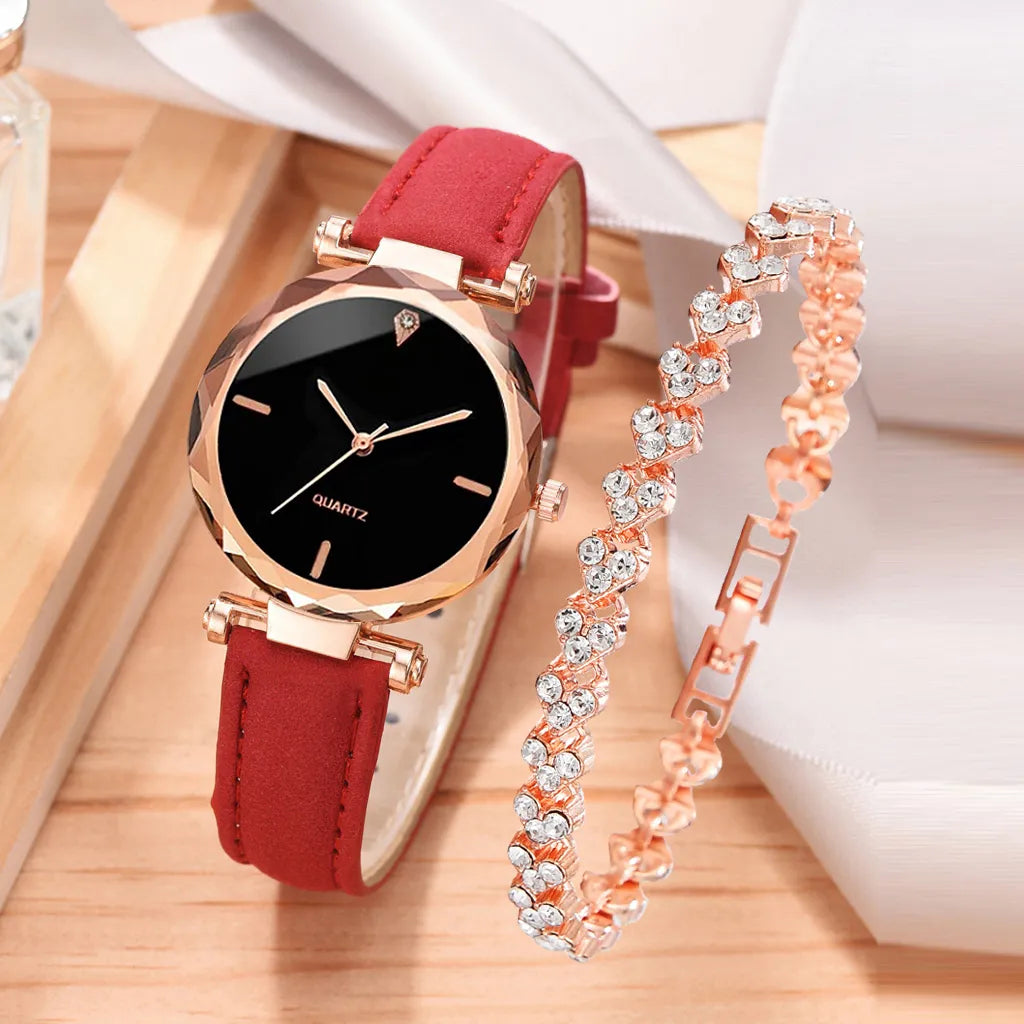 2pcs Luxury Fashion Women Watch Set PU Leather Strap Ladies Quartz