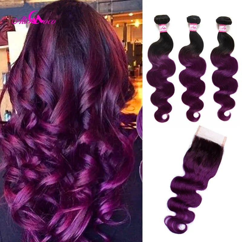 Ali Coco Body Wave 3 Bundle With Closure 1B/Purple Color Brazilian