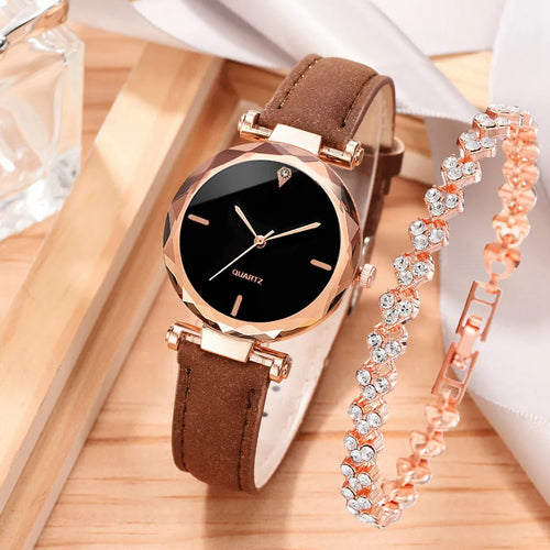 2pcs Luxury Fashion Women Watch Set PU Leather Strap Ladies Quartz