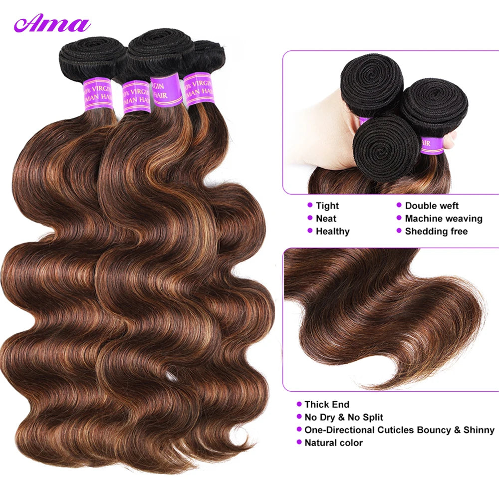 FB 30 Brown Highlight Body Wave Bundles Ombre Colored Human Hair