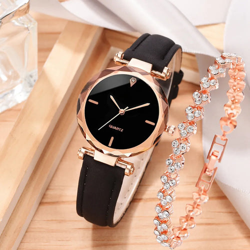 2pcs Luxury Fashion Women Watch Set PU Leather Strap Ladies Quartz