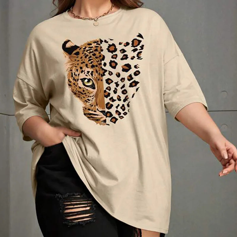 Leopard Printed T-Shirts Short Sleeve Women O-Neck Graphic Tops Tees