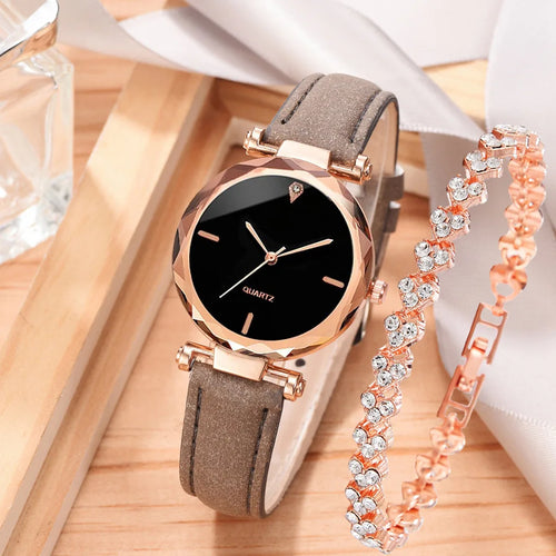 2pcs Luxury Fashion Women Watch Set PU Leather Strap Ladies Quartz