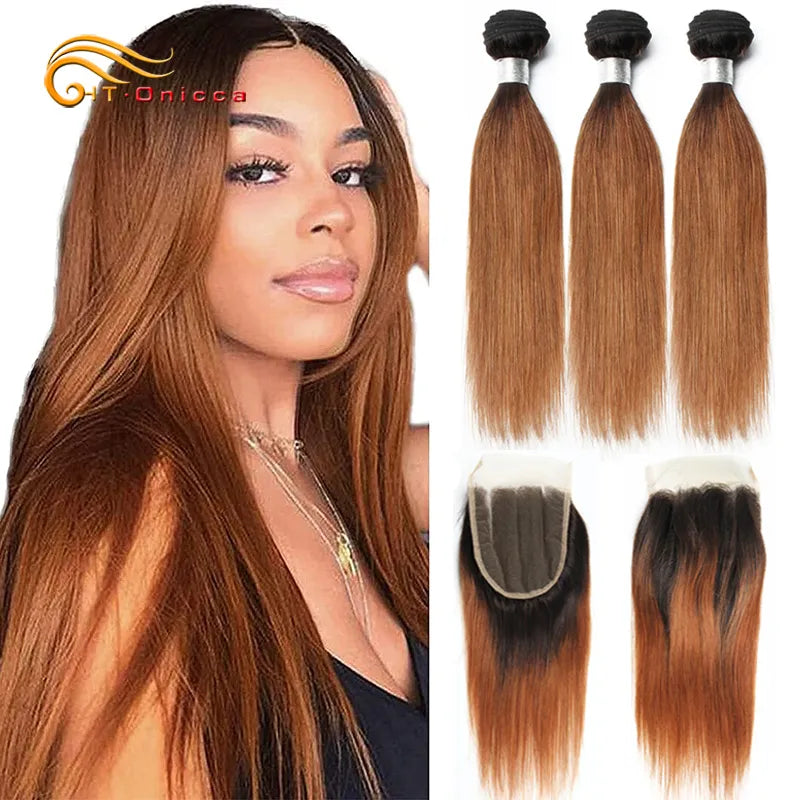 70g/pc Blonde Bundles With Closure 1B 30 Brazilian Straight Hair