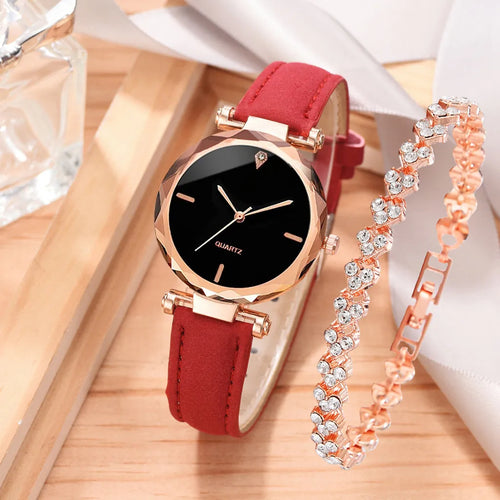 2pcs Luxury Fashion Women Watch Set PU Leather Strap Ladies Quartz