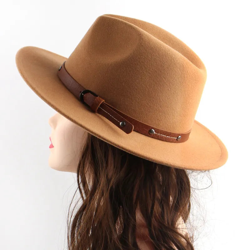 New Autumn Winter Wool Fedoras Hat With Belt For Men Women Wide Flat