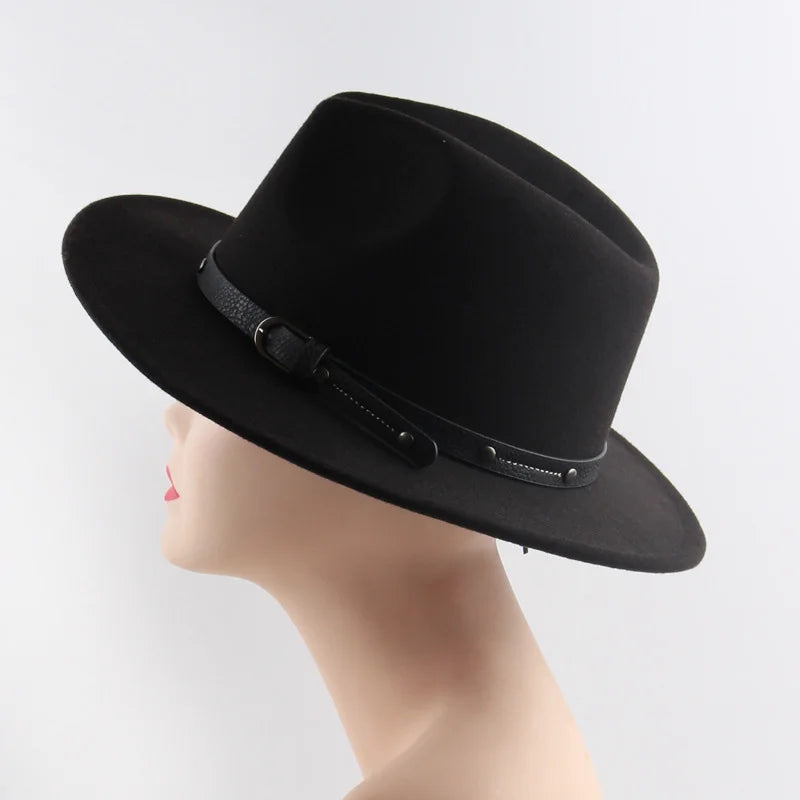 New Autumn Winter Wool Fedoras Hat With Belt For Men Women Wide Flat