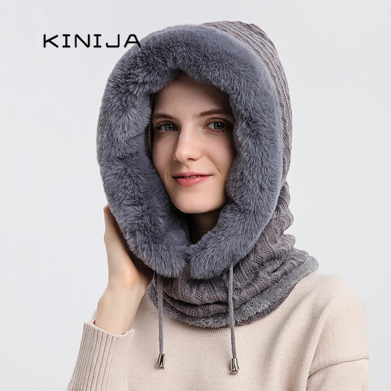 Winter Fur Cap Mask Set Hooded for Women Knitted Cashmere Neck Warm