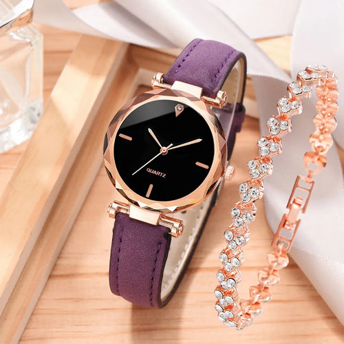 2pcs Luxury Fashion Women Watch Set PU Leather Strap Ladies Quartz