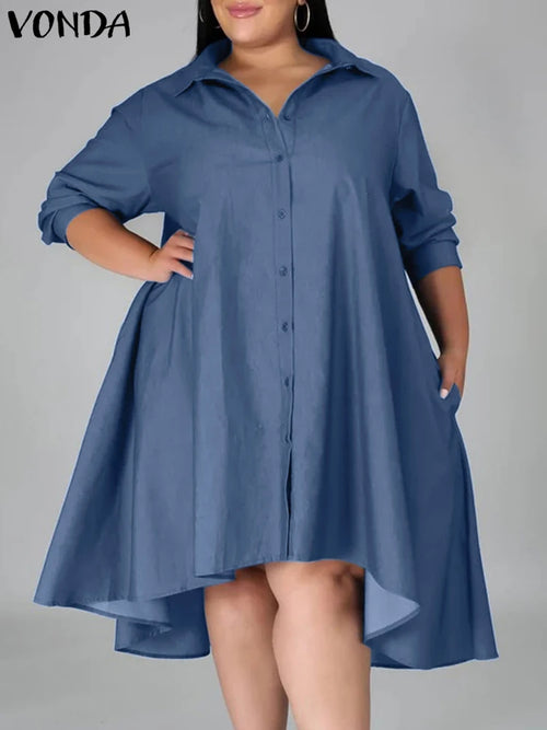 Plus Size 5XL VONDA Women Vintage Shirt Dress 2023 Autumn Denim Long