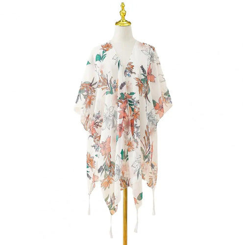 Irregular Beach Shawl Flower Printed Tassel Beach Poncho Swimsuit